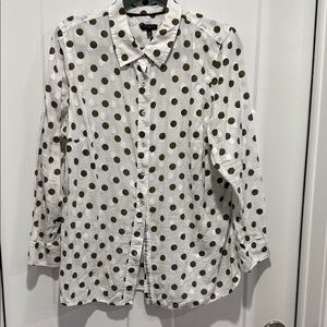 Talbots White Button-Down Shirt with Olive Green Polka Dots. Pit to pit 23”